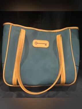 Jon Hart Design French blue Tote with Tan Leather Trim and Key Logo.